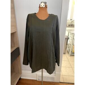 FLAX Sz M Crinkle A-Line Tunic Top Green Silk Lagenlook Artsy Breezy Boho Casual